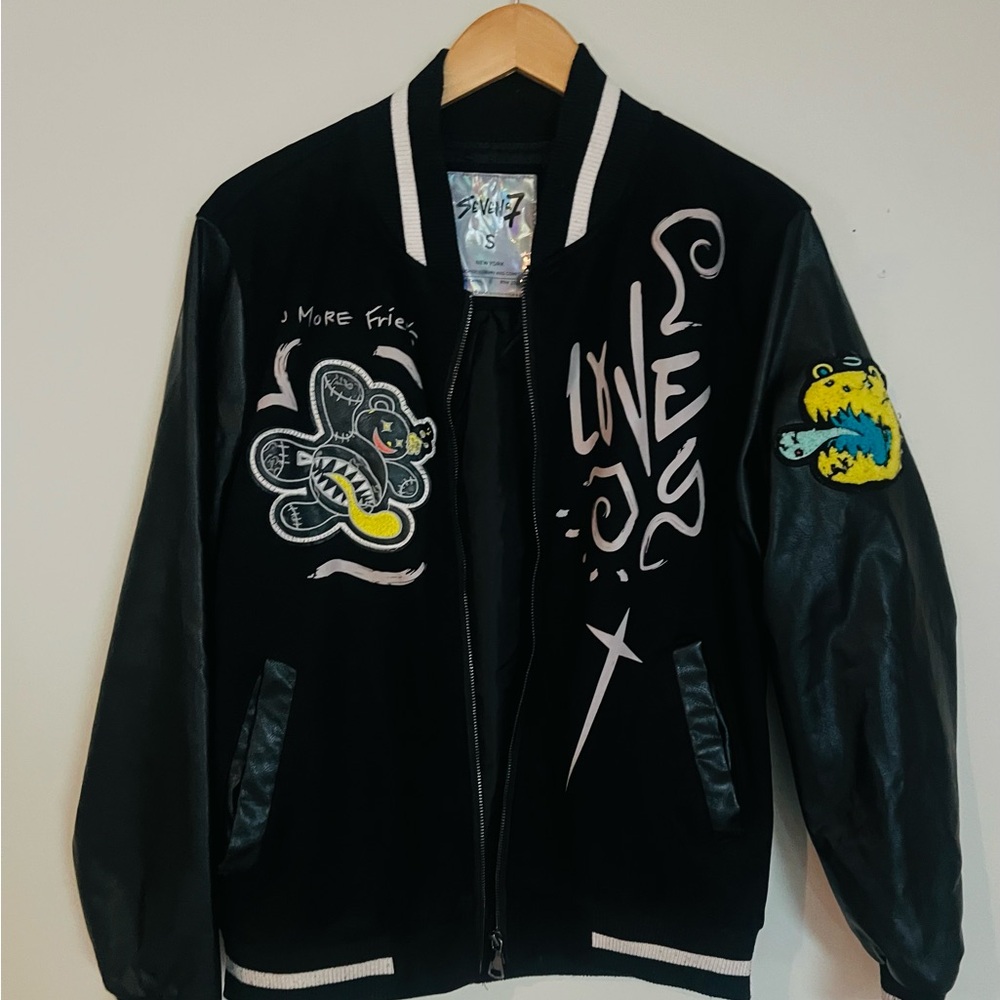 Seven7 Black Bomber Jacket with Graphic Accents